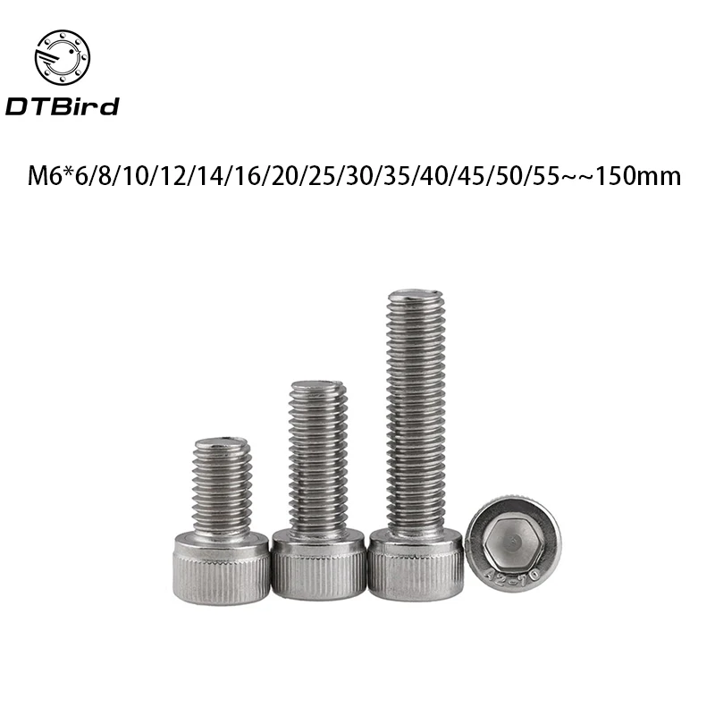 DIN912 M6 Метрическая резьба 304 из нержавеющей стали с шестигранной головкой болты M6*(6/8/10/12/14/16/18/20/22/25/30/35/40~ 150) мм