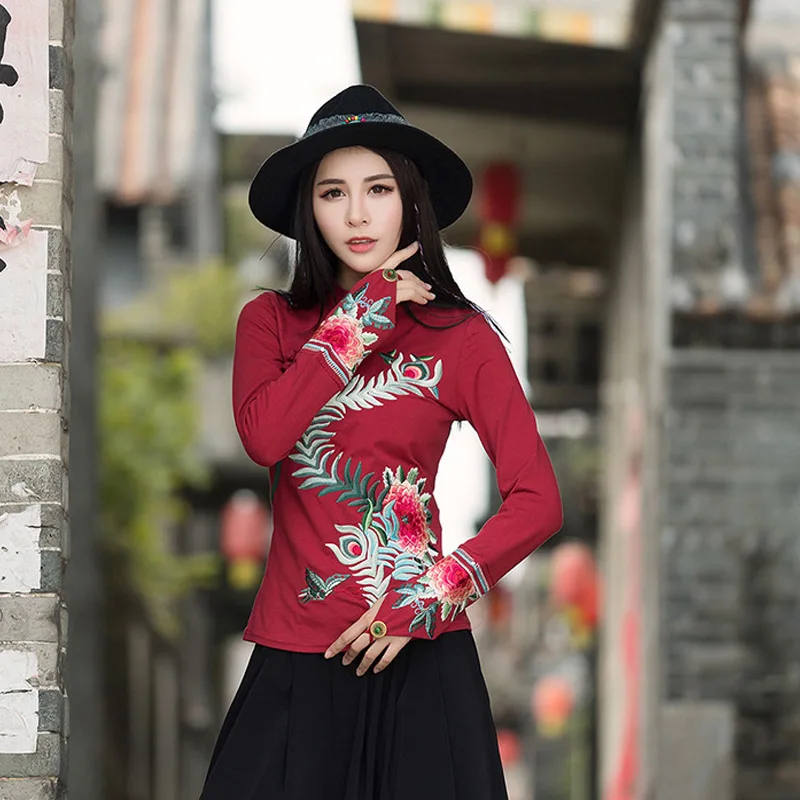 2018 Spring Autumn Black National Embroidered Feather Large Flower Pattern Long-sleeved Shirt women's t-shirt Tops Womens | Женская