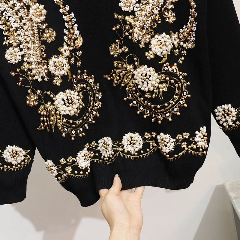 Высокое качество блёстки бисер свитера+ повседневные штаны комплект из двух предметов для женщин осень весна костюм для отдыха D942