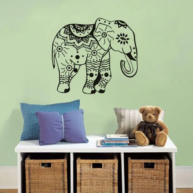 Наклейка на стену в виде слона с цветочным рисунком | Наклейки для стен