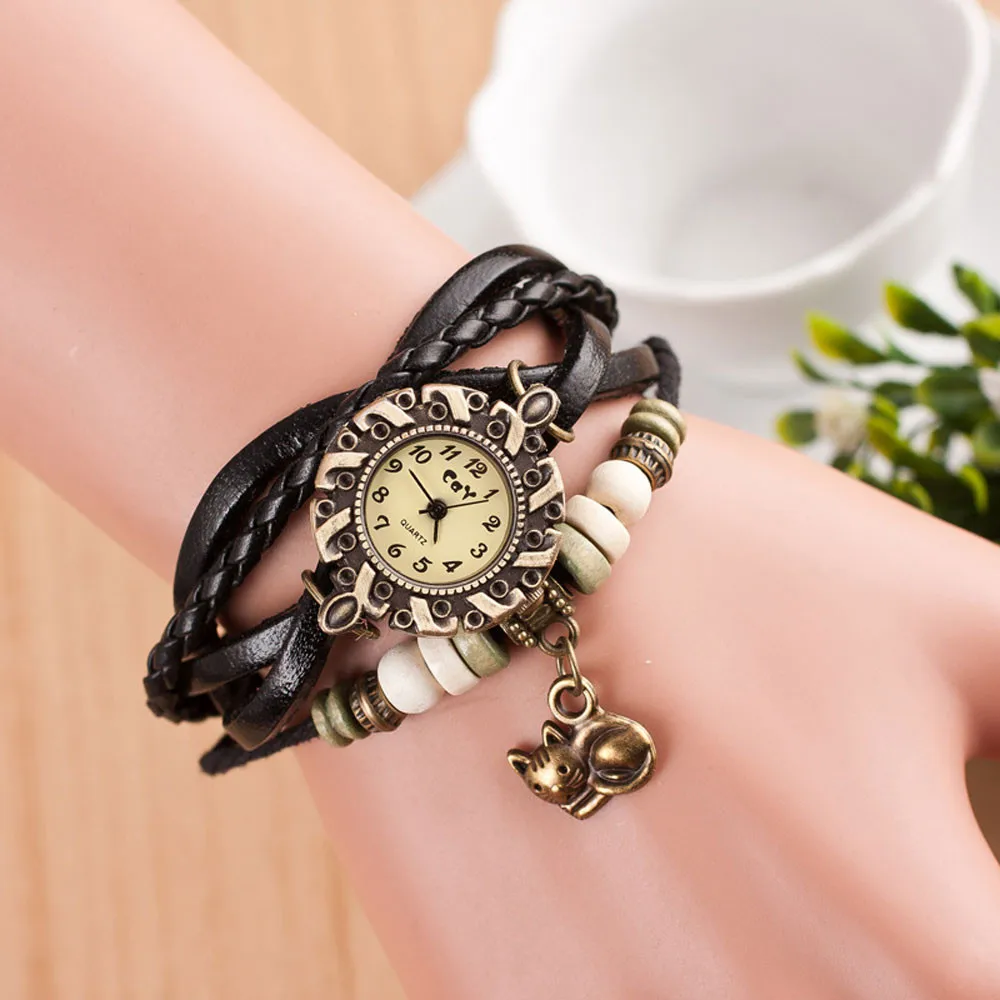 Женские часы от ведущего бренда Роскошные Кварцевые плетеные кожаные с котом