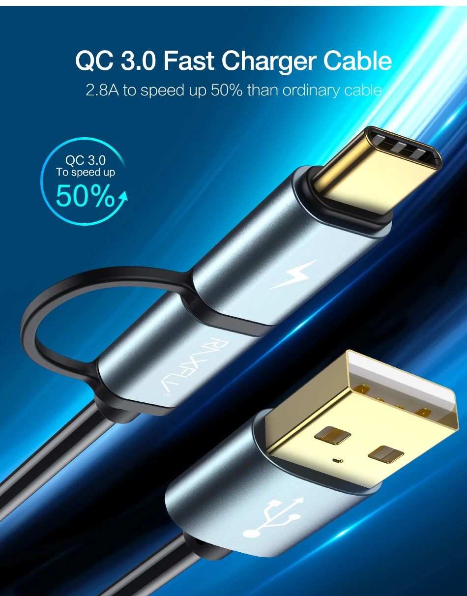 RAXFLY 2 в 1 USB C QC3.0 type C кабель для Xiaomi Redmi Note 7 Быстрая Зарядка Весна usb type C Micro USB кабель для samsung S10