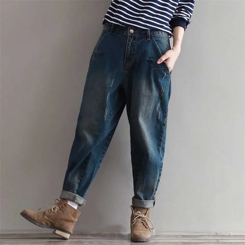 

New Fashion Women Retro Cowboy Denim Pants Loose Harem Jeans High Waist Boyfriend Ripped Jeans Trousers Blue
