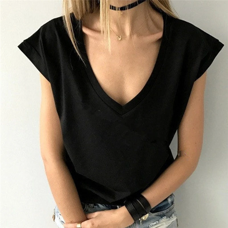 Женская Классическая футболка с v образным вырезом простая коротким рукавом 4