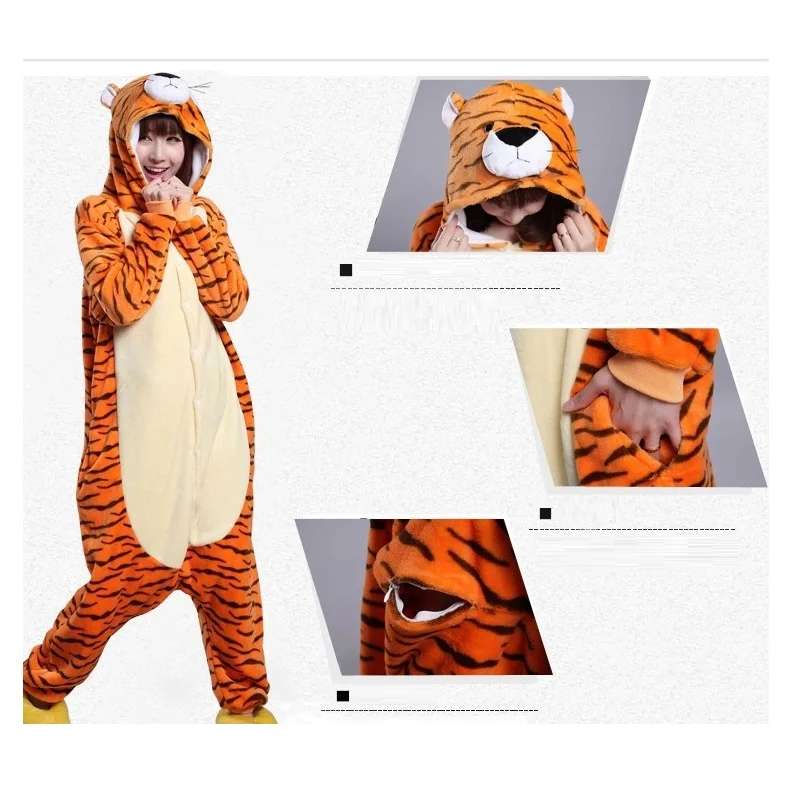 

Tiger Long Sleeve Hooded Onesie Flannel warm onesies for adults Whole onepiece animal pajamas Cute animal overall