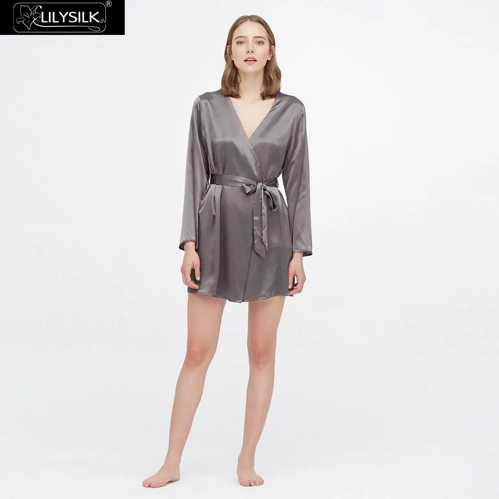 Dark Gray LilySilk шелковый халат 22 Momme свободный без воротника роскошный женский - Цвет: Dark Gray