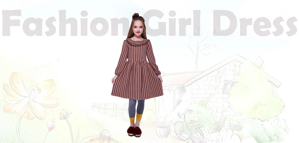 Kseniya Kids/Детские хлопковые платья для девочек милое праздничное платье с длинными рукавами, цветочной аппликацией и полосатым воротником в стиле Питера Пэна для девочек 6, 8, 10 лет