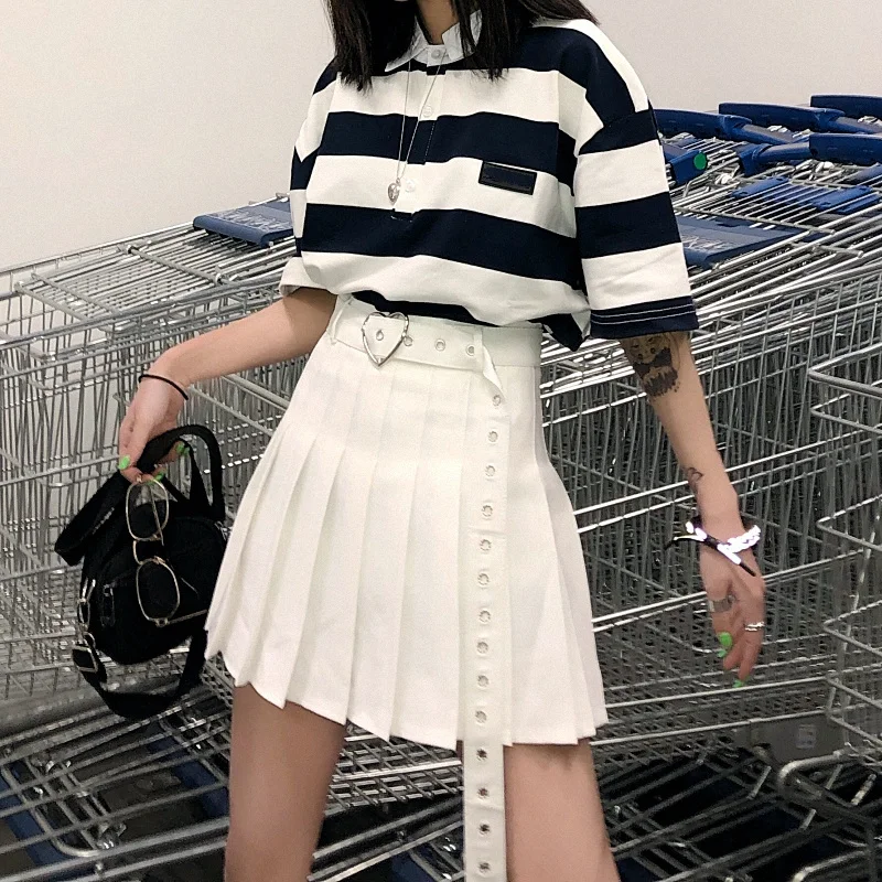 Harajuku Kawaii модная мини-юбка с заклепками и поясом для женщин, Студенческая школьная трапециевидная юбка, Женская милая плиссированная юбка с высокой талией