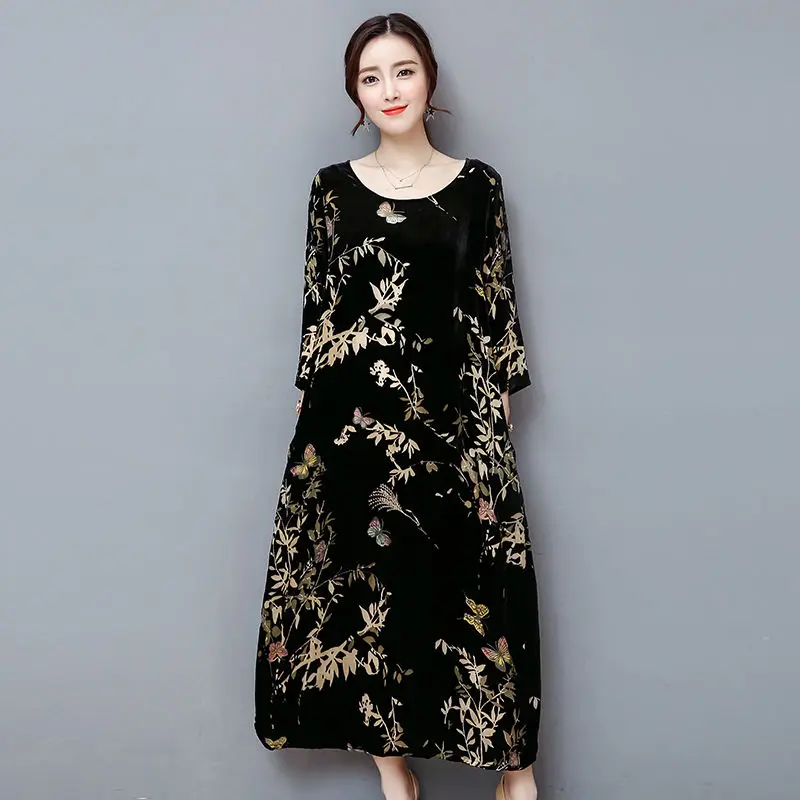 Plus Size 4XL Vintage Autumn Winter Dress Women Retro Print Gold Velvet Long Fashion T-Shirt Dresses RE2198 | Женская одежда