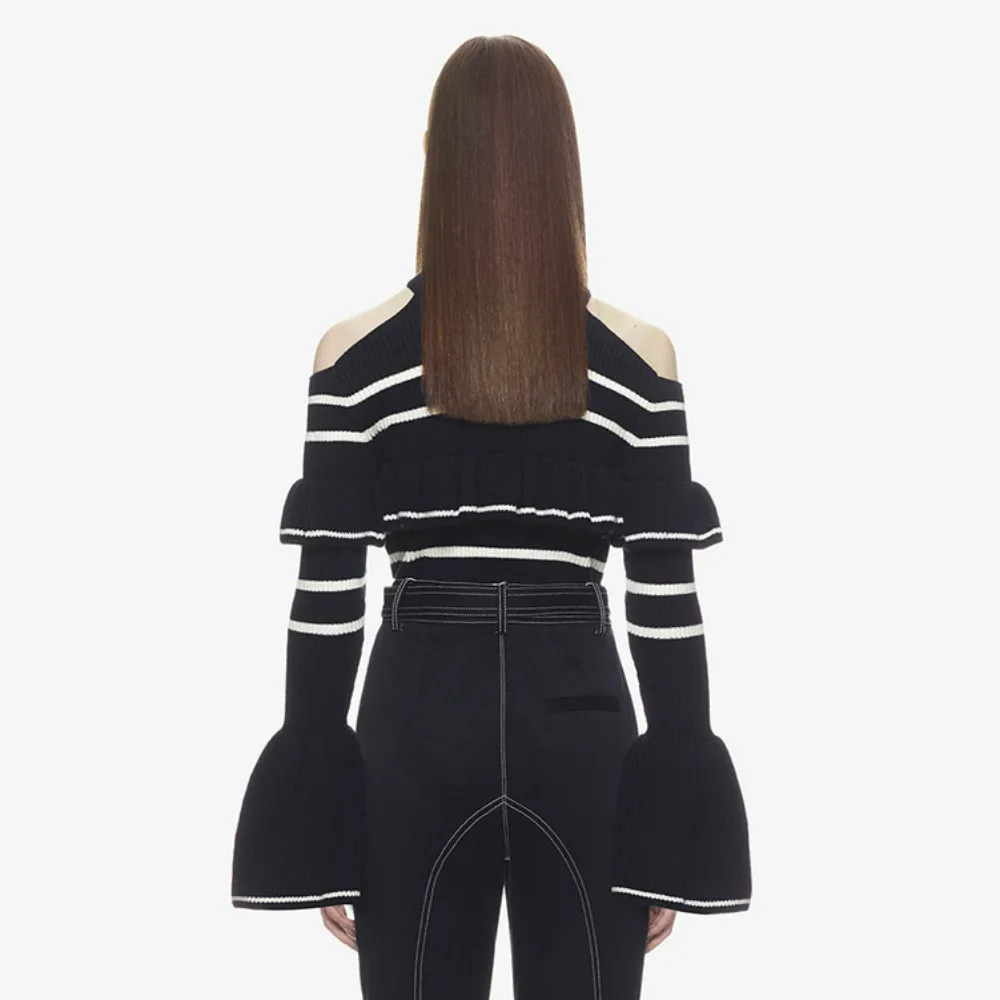 Sexy Off Shoulder Women's Striped Sweaters Ruffle Pullover 2018 Spring Female Personality Tops Flare Sleeve Self Portrait Jumper | Женская