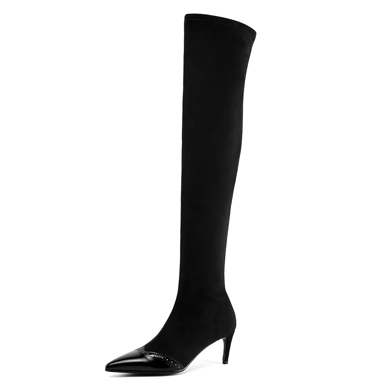 ISNOM Stretch Sock Boots Women Ankle Boots Pointed Toe Cow Leather Shoes Female Short Party High Heels Shoes Ladies Autumn - Цвет: black long