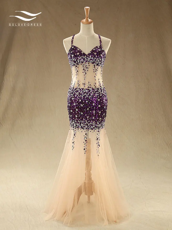 

Solovedress Tulle Sleeveless Mermaid Crystals Prom Dress Evening Party Dress Mermaid Formal Gown vestido de festa longo SL-P652