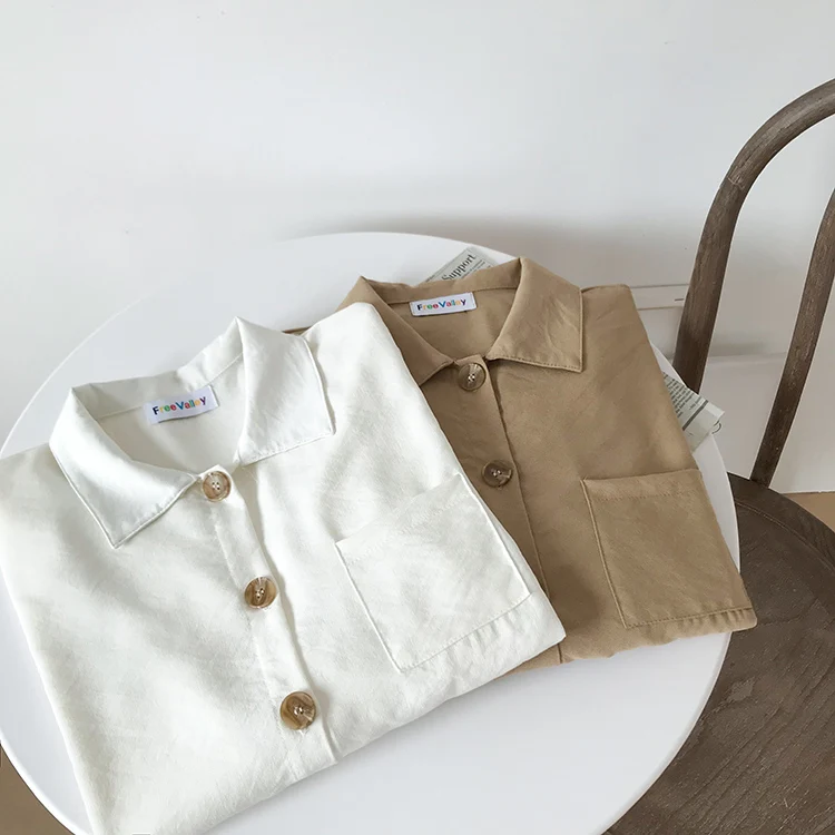 Для женщин рубашки для мальчиков одежда Kawaii ретро сплошной цвет карман шифон