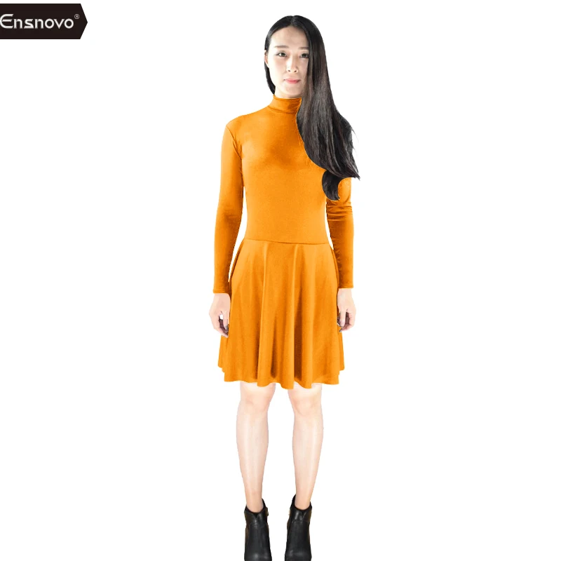 Orange Ensnovo, женские платья для катания на коньках из лайкры и спандекса с длинным рукавом и черепаховым вырезом, черные танцевальные купальники с молнией сзади - Цвет: Orange