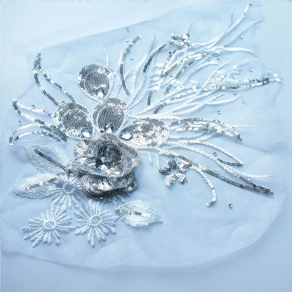 Белые серебряные блестки 3D цветы кисточка кружевная отделка стразы сетчатые