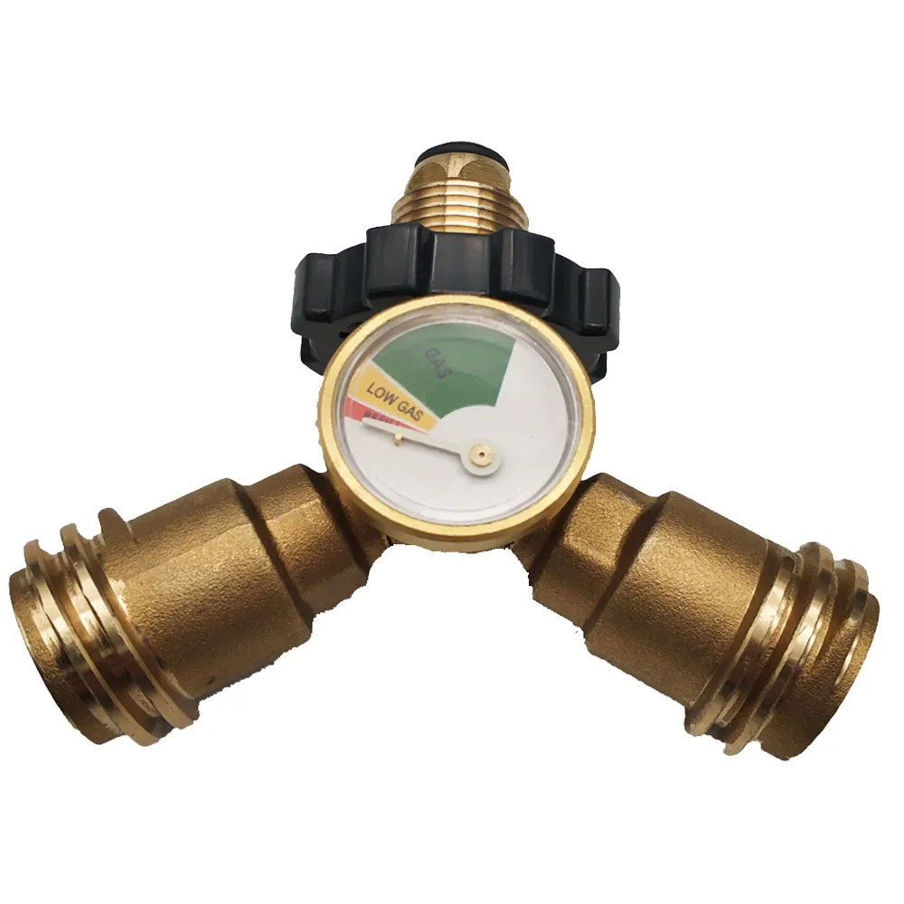 

Earth Star brass 20-50Lbs propane cylinder POL type connection Y-splitter adapter with gauge meters for BBQ grill