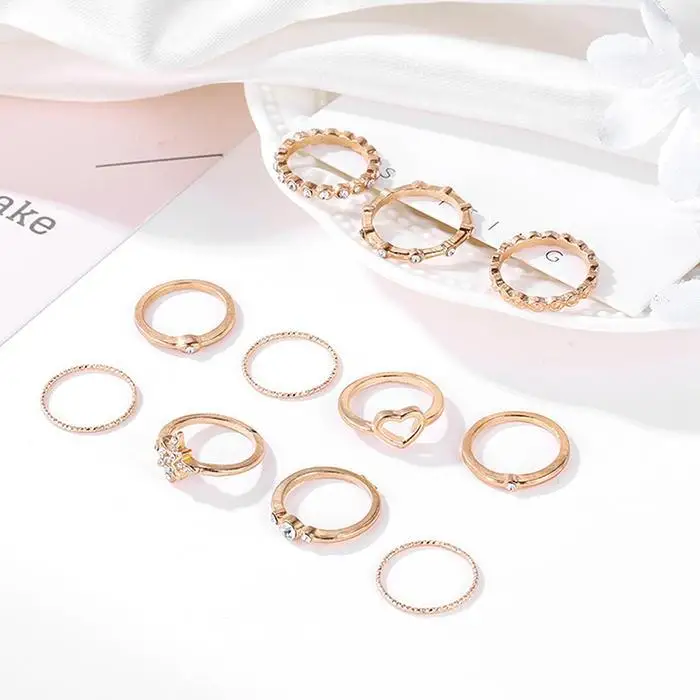New Women Fashion Casual Artificial Gem Pack of Rings 11pcs/8pcs Jewelry Charm Wedding Ring Rose gold Set