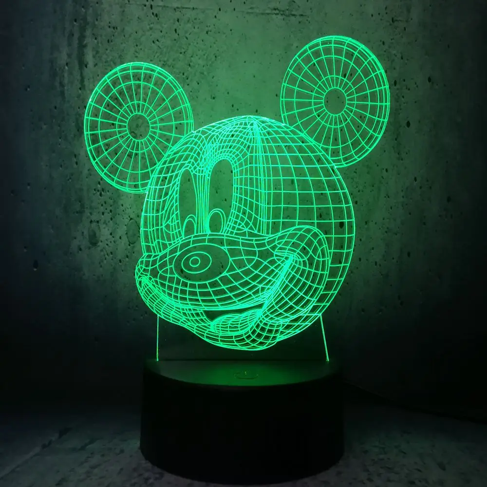 Кавайная голова Микки Мауса 3D Светодиодная лампа для дома ночник многоцветный RGB