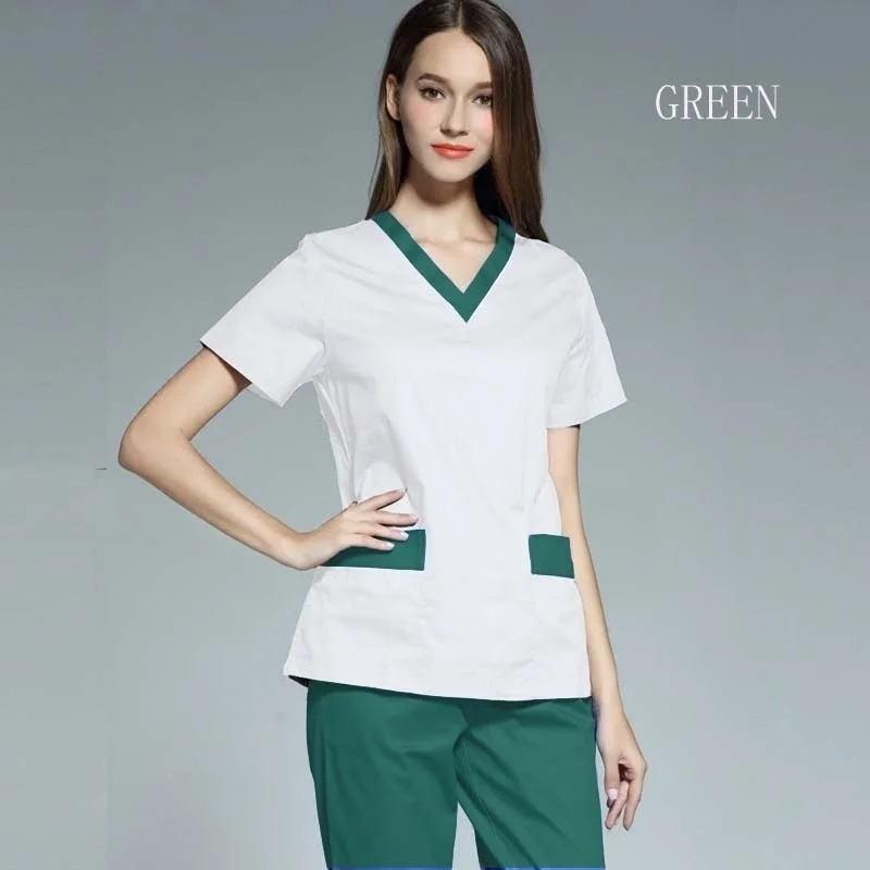 green set Женская мода скрабы набор цветная Блокировка медицинская Униформа медицинский Para Mujer V шеи топ+ брюки спецодежда хлопок - Цвет: green set