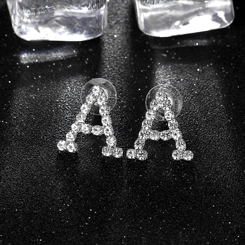 A Shape Letter Silver Color Initial Earrings Cute CZ Alphabet Women Rhinestone Crystal Stud With for | Украшения и аксессуары