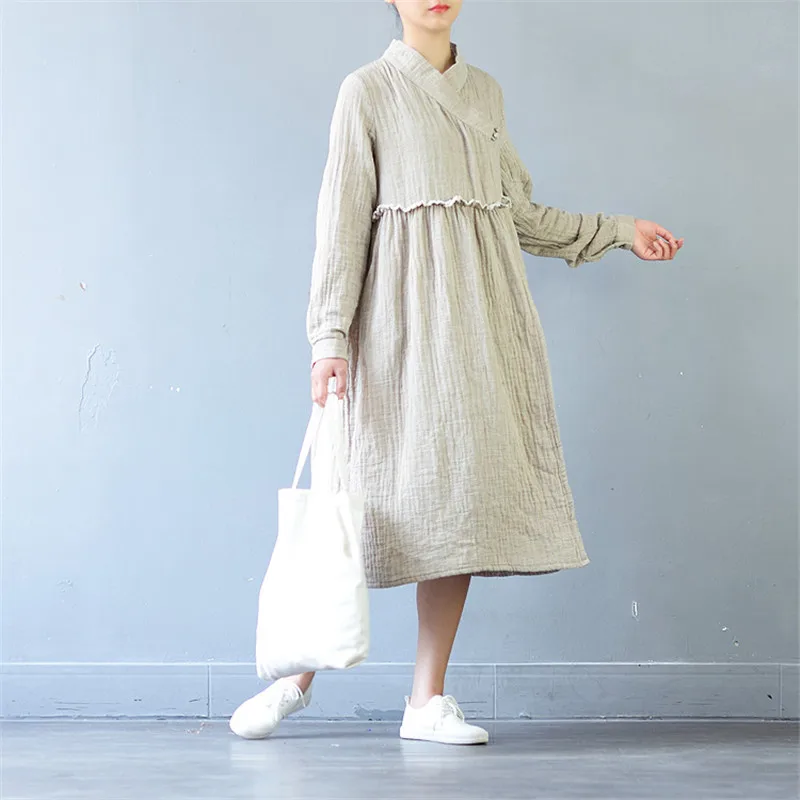 Женское винтажное платье SCUWLINEN повседневное хлопковое с длинным рукавом и