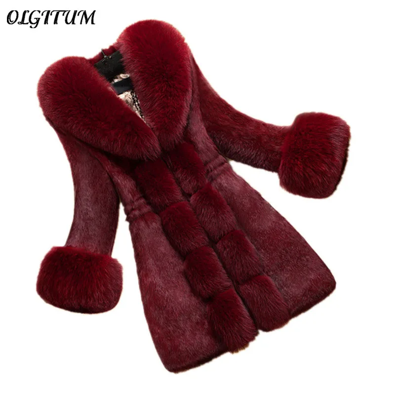 Хит! Женское меховое пальто с воротником лисы зимнее искусственным Кроликом