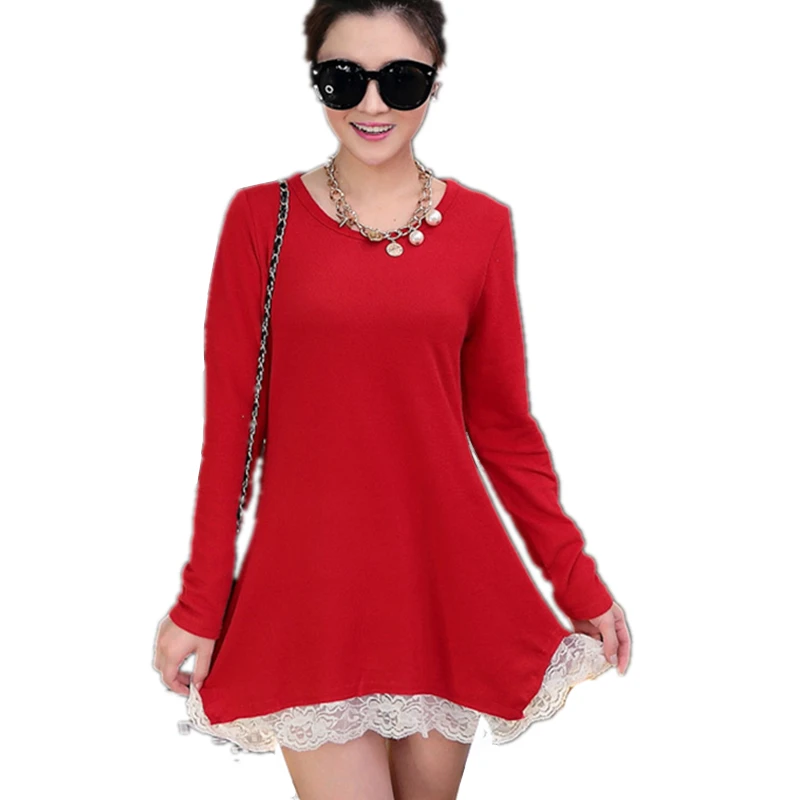 

12 Colors 2016 Lace Hem Patchwork Autumn Long Sleeve Solid Pullover Knittin Warm Women Sweater Dress For Female Casual Dress