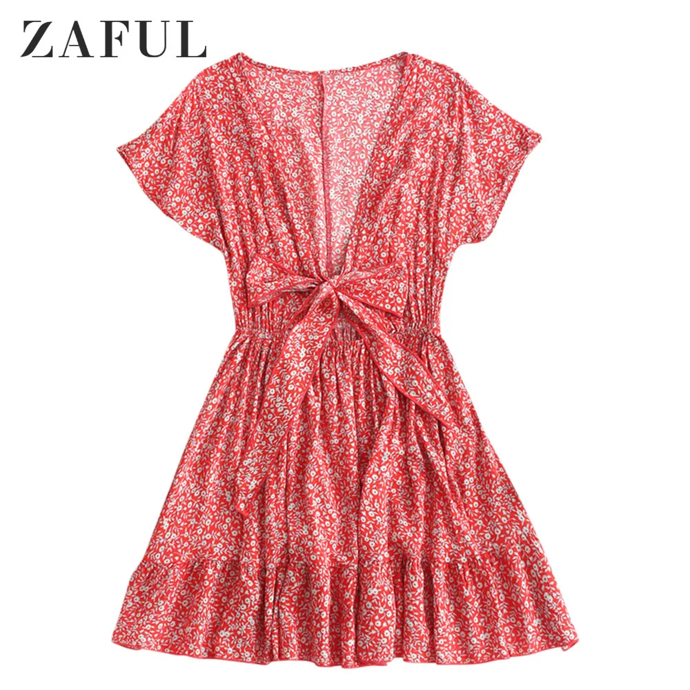 Женское платье мини ZAFUL с узлом и коротким рукавом треугольным вырезом высокой