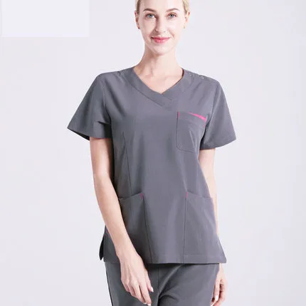 grey pink Одежда с короткими рукавами для докторов Meidcal скраб наборы спа салон красоты стоматологическая клиника Спецодежда Комбинезоны медсестры униформа лабораторные халаты - Цвет: grey pink