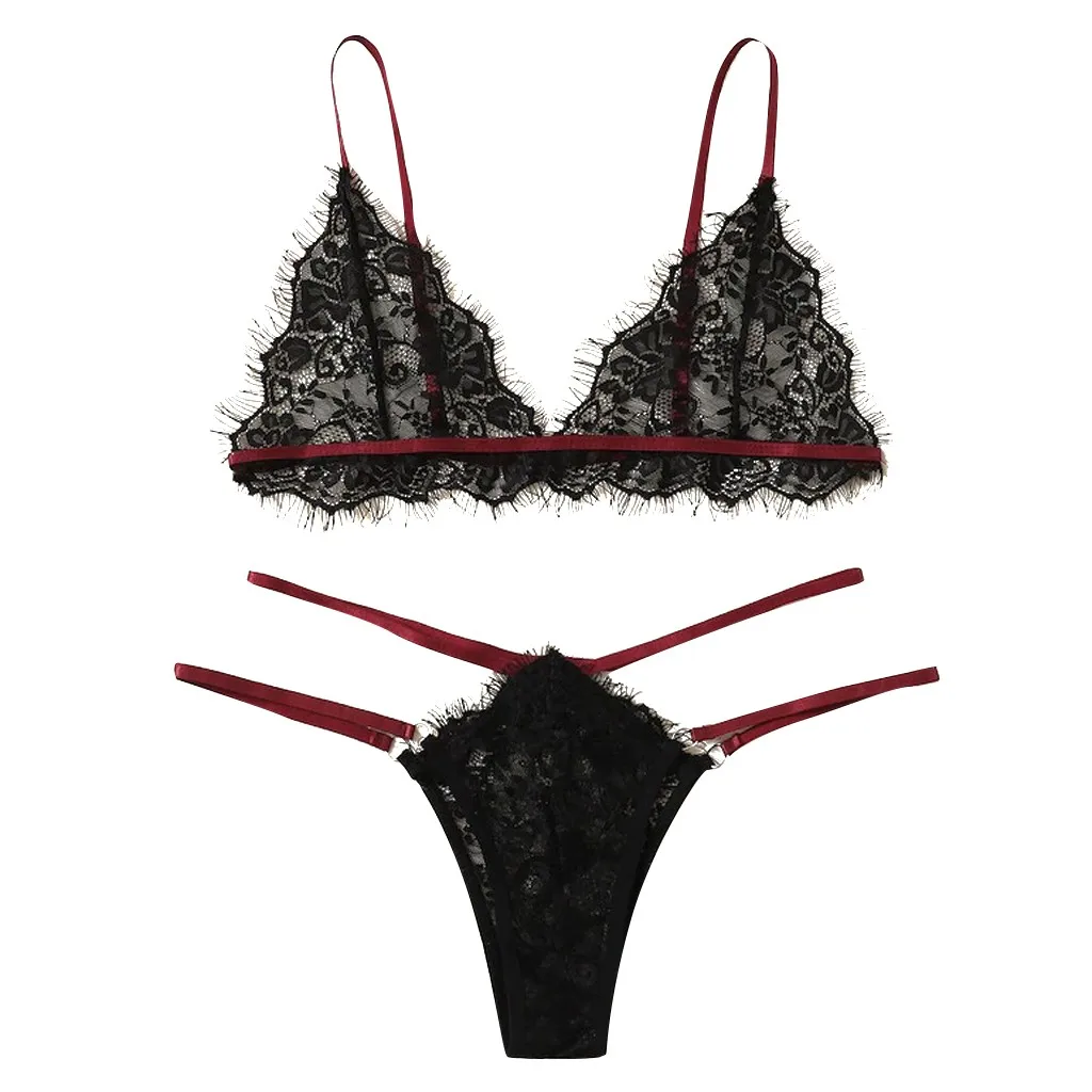 G-string porno Женское ночное белье модное женское сексуальное кружево с ресничками комплект нижнего белья черный бюстгальтер стринги Нижнее белье стринги эротический костюм