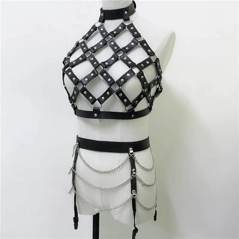 Goth/комплект из двух предметов с круглым вырезом, модная куртка из искусственной кожи Топ без спины цепь с металлическими звеньями, мини-юбка, вечерние костюмы для ночного клуба