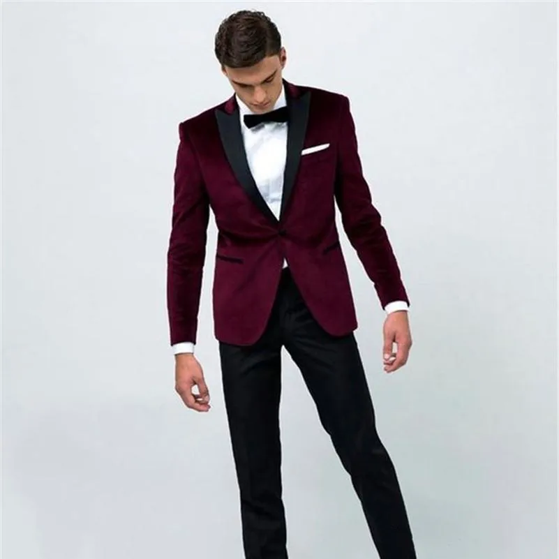

New Fashion Burgundy Wedding Suits Groom Tuxedos Black Peaked Lapel Trim Fit Two Piece Men Evening Party Suits (Jack+Pant)