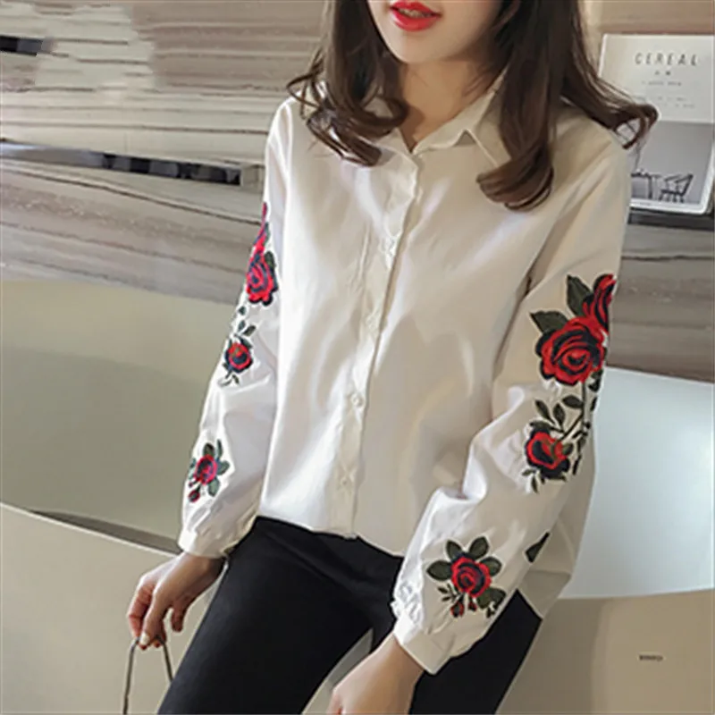 Женская рубашка с цветочной вышивкой Весенняя блузка в Корейском стиле отложным