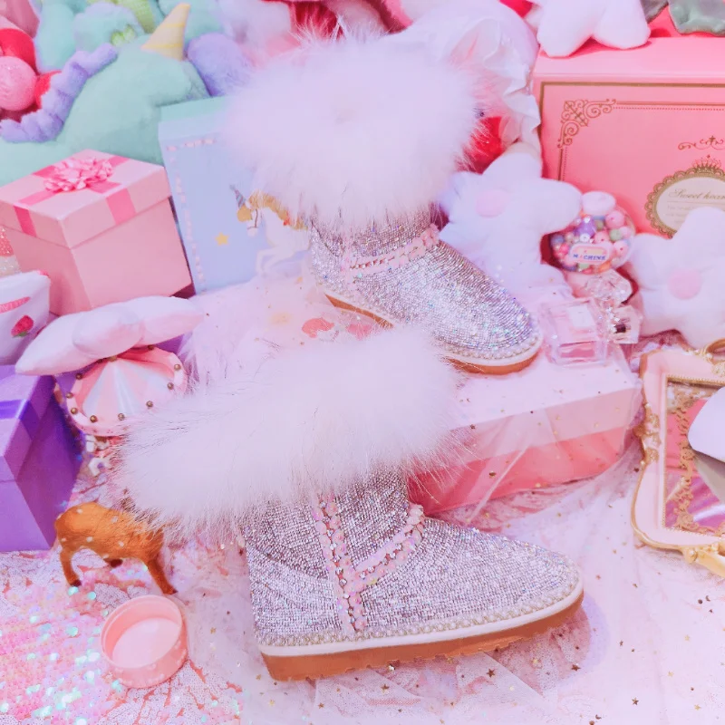 2019 ручная выделка женская обувь Стразы ботинки из меха лисы зимняя теплые до