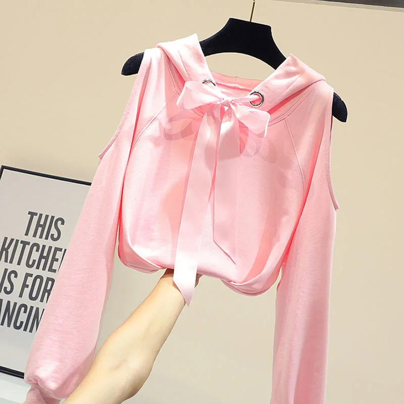 Розовая Толстовка милая маленькая сексуальная с открытыми плечами уличные