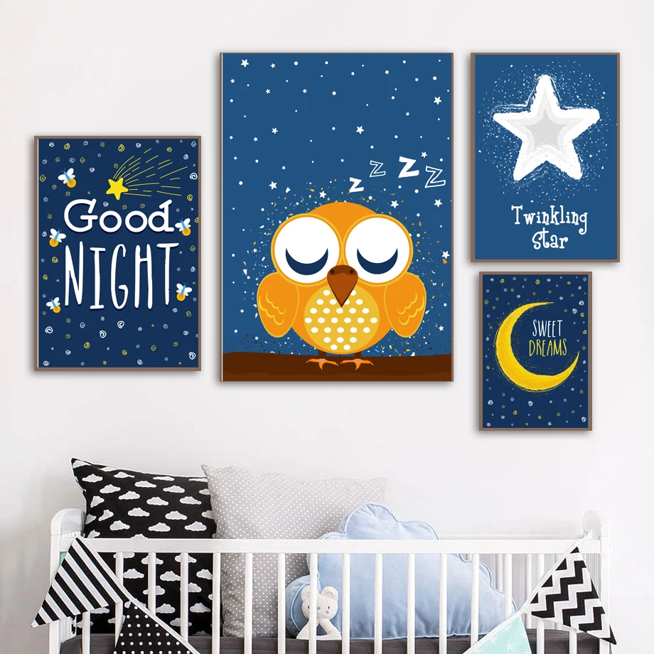 Moon Star Good Night Сова настенная живопись холст скандинавские постеры и принты