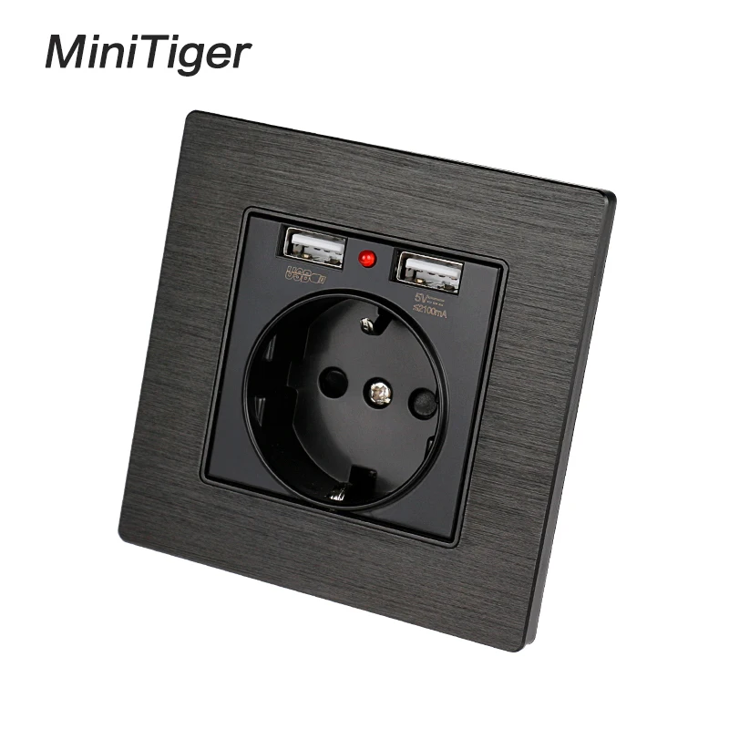 Черная алюминиевая металлическая панель Minitiger с двумя USB портами для зарядки а 16 А