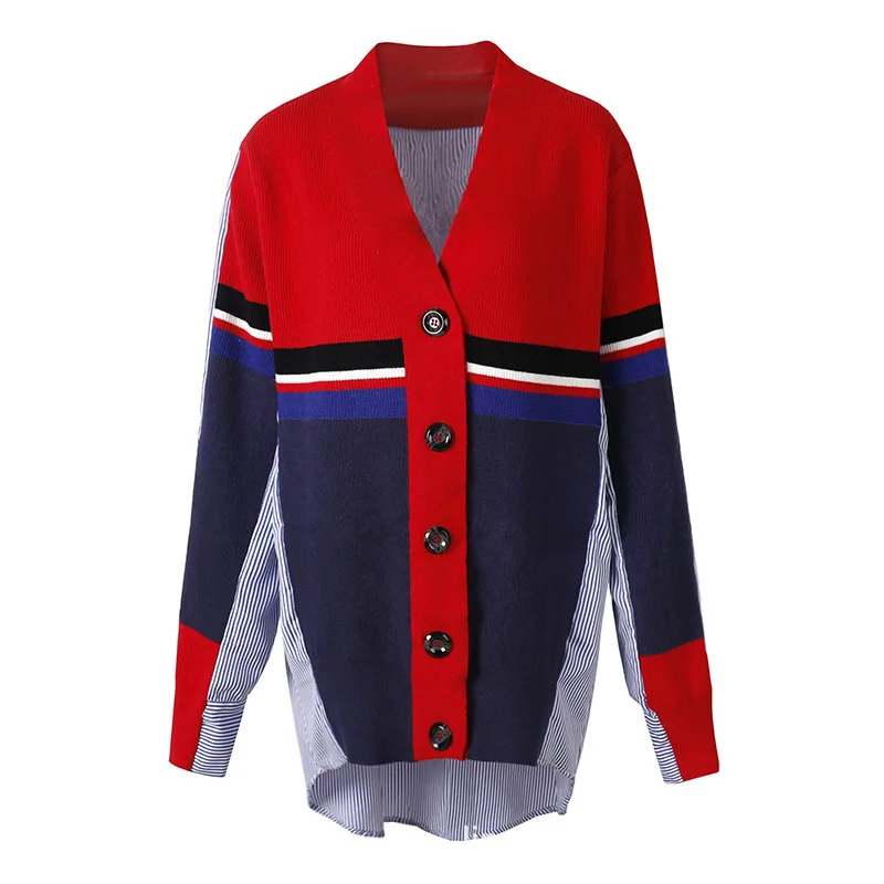 [EWQ] 2019 Fall Winter New Cardigan Sweater Knitted Long Sleeve Women'Point Open loose Fake two-piece stitching Sweters QK026 |