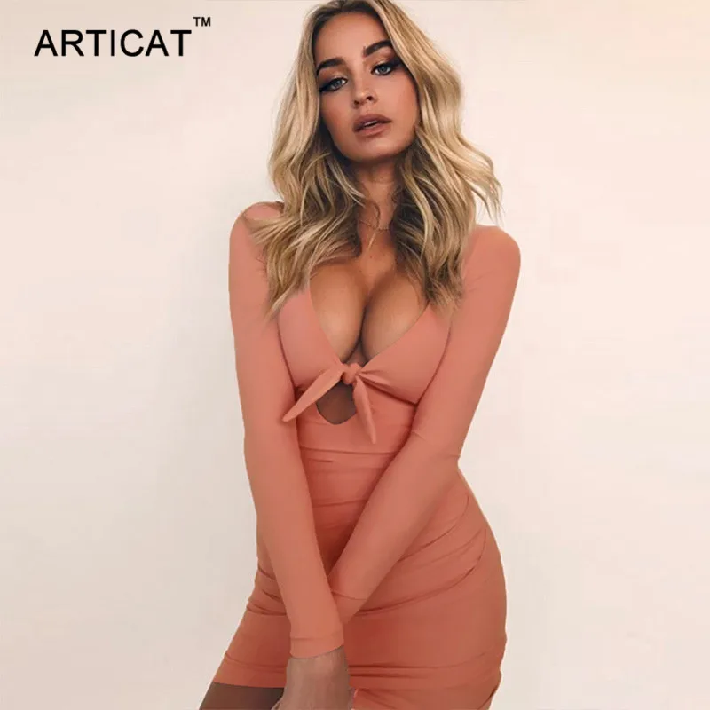 As photo Женское облегающее платье Articat, открытое платье с глубоким v-образным вырезом и бантом, с длинным рукавом, для осенней вечеринки - Цвет: As photo
