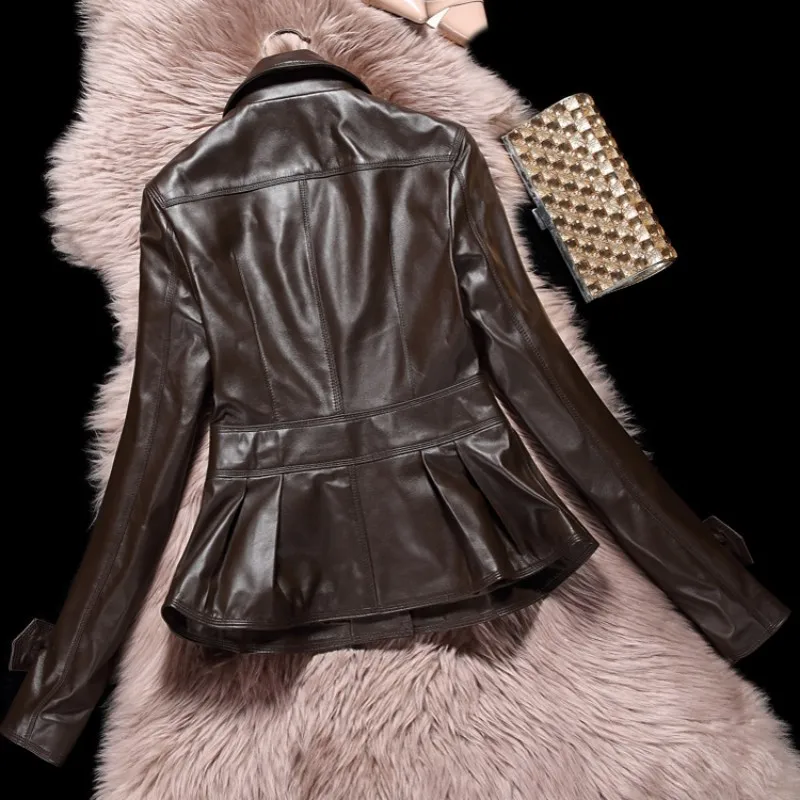 

2021 Spring Women Leather Jacket Coat Black Sheepskin Genuine Leather Motorcycle Clothes Female Sexy Slim Button Pleated Jackets