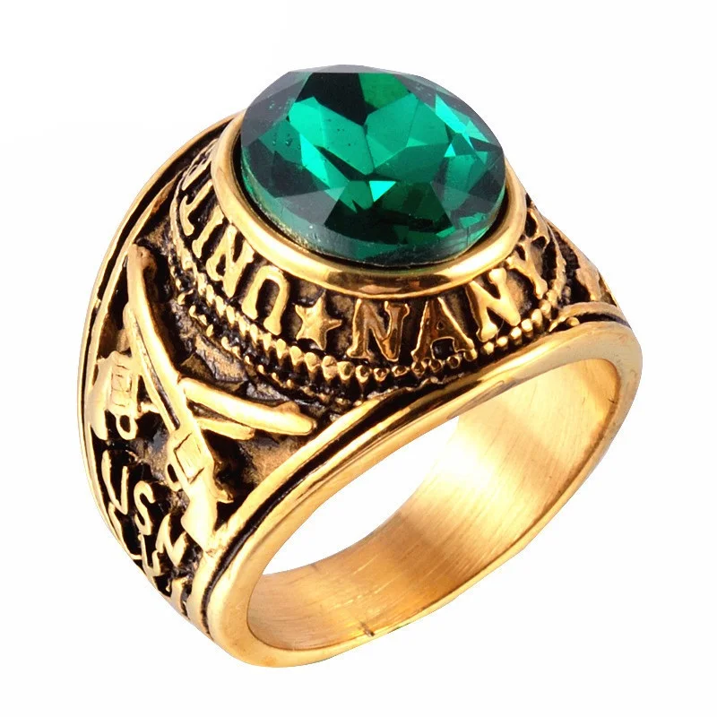 

Vintage Army Ring Gold Ring with Men's Jewelry CZ Stone Stainless Steel Double Gun Pattern Ring