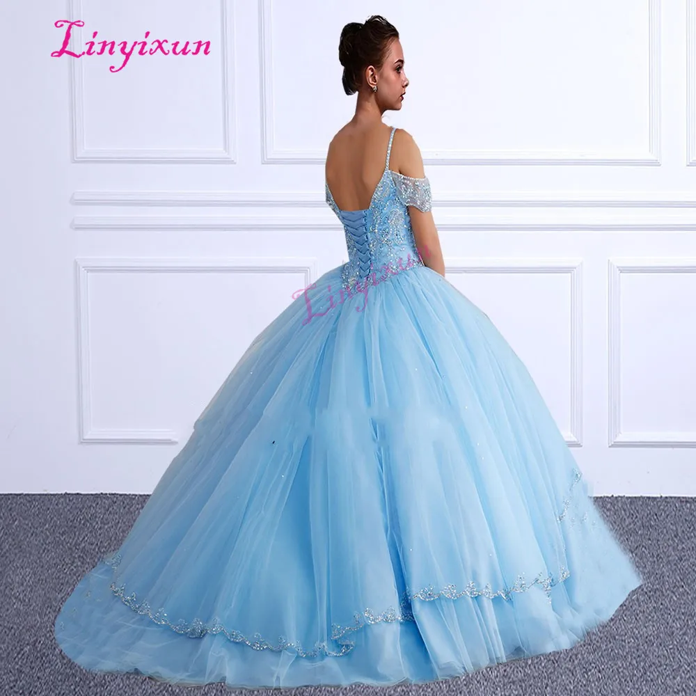 Linyixun Тюлевое бальное платье Quinceanera платья с кристаллами бисером розовое милое 16