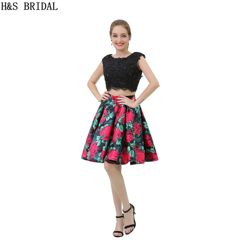 

H&S BRIDAL Cap Sleeves Lace Applique Beaded short evening dress Two Pieces Print short prom dresses Backless short sexy robe