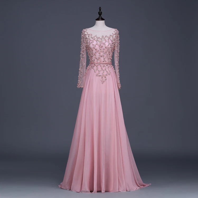 Платье вечернее шифоновое в пол с длинным рукавом и бусинами|vestido de festa longo|evening