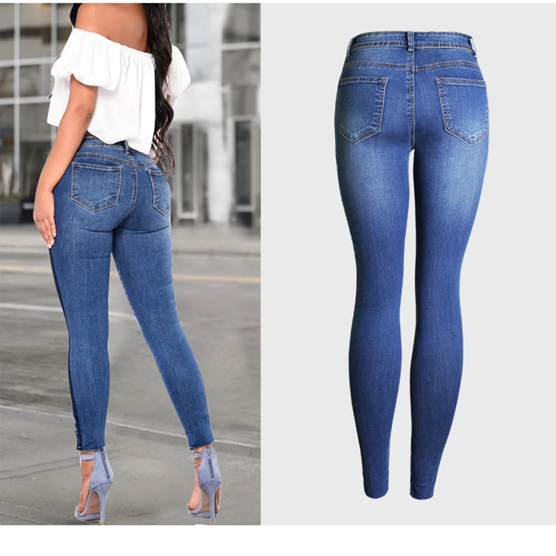 

Hot Elastic skinny jeans woman Embroidery high waist Pencil Pants women denim pants jean Side Stripe pantalones vaqueros mujer