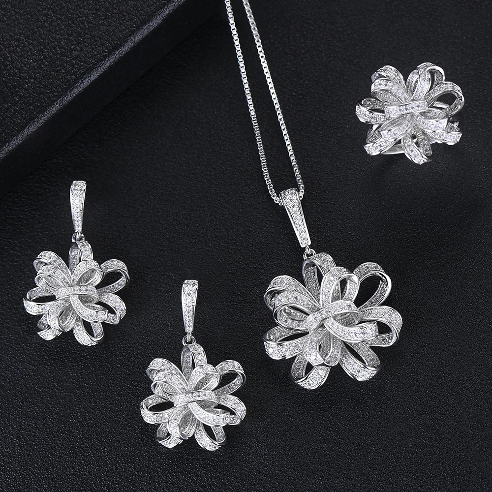 Godki Роскошный цветок Лариат комплект из сережек и ожерелья Циркон Кристалл CZ 3 шт.