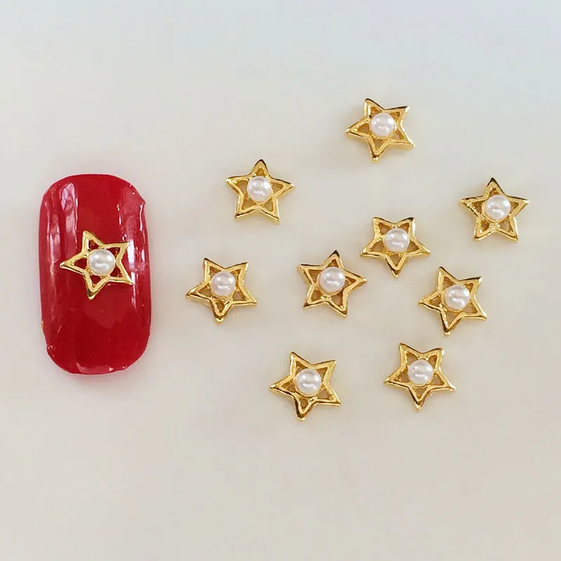 

New 3D Nail Ornaments Japanese Golden Hollow Pentagon Pearl Metal Ornaments 100pcs Nail Sticks