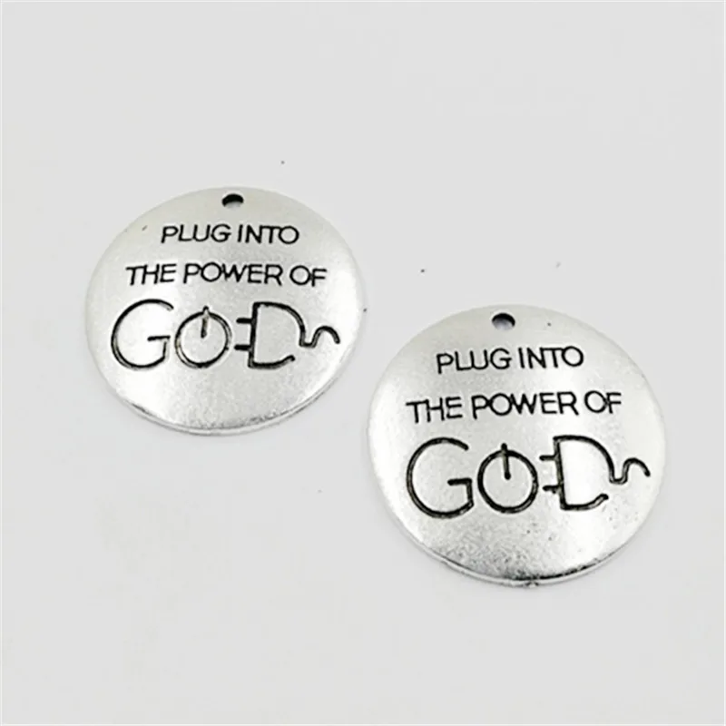 10 pcs/Lot 25mm Antique Silver colour letter printed plug into the power of god charm round disc message charms | Украшения и