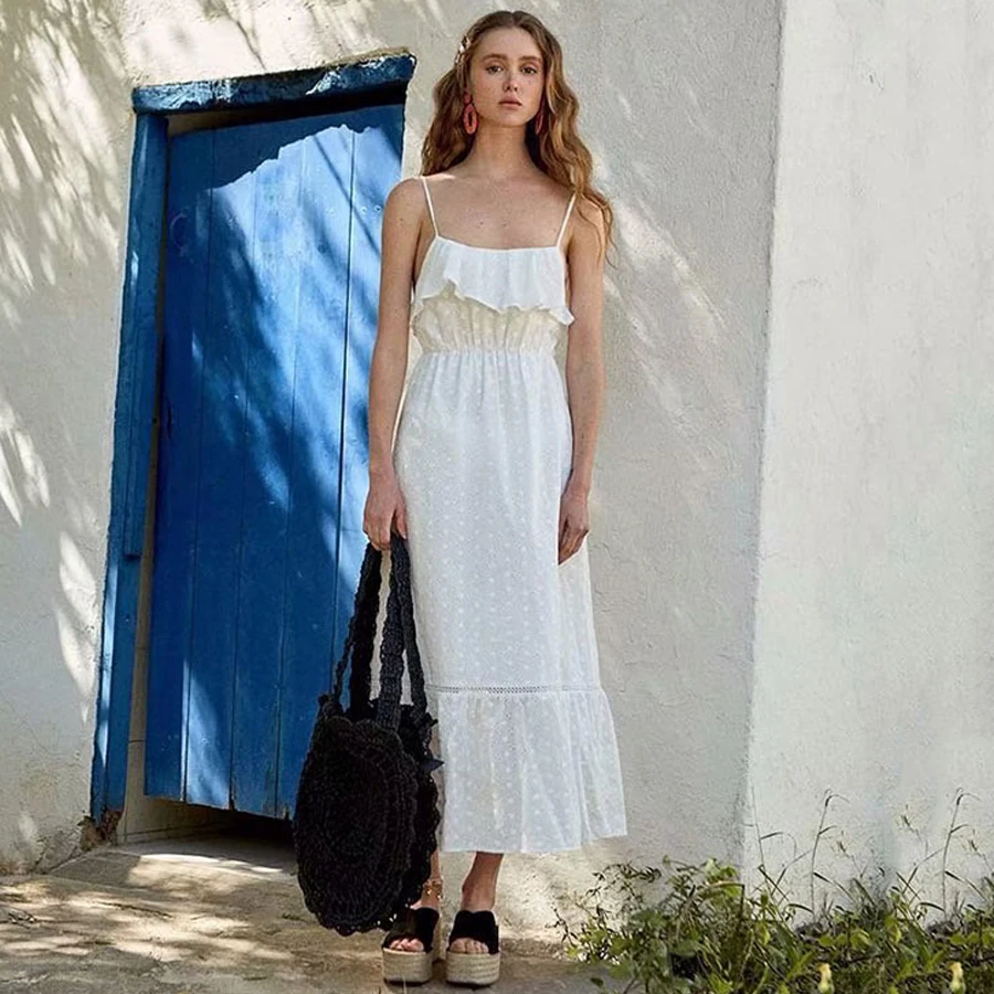 TEELYNN strappy lace dress white cotton floral Embroidery boho sexy sleeveless strap summer dresses long women | Женская одежда