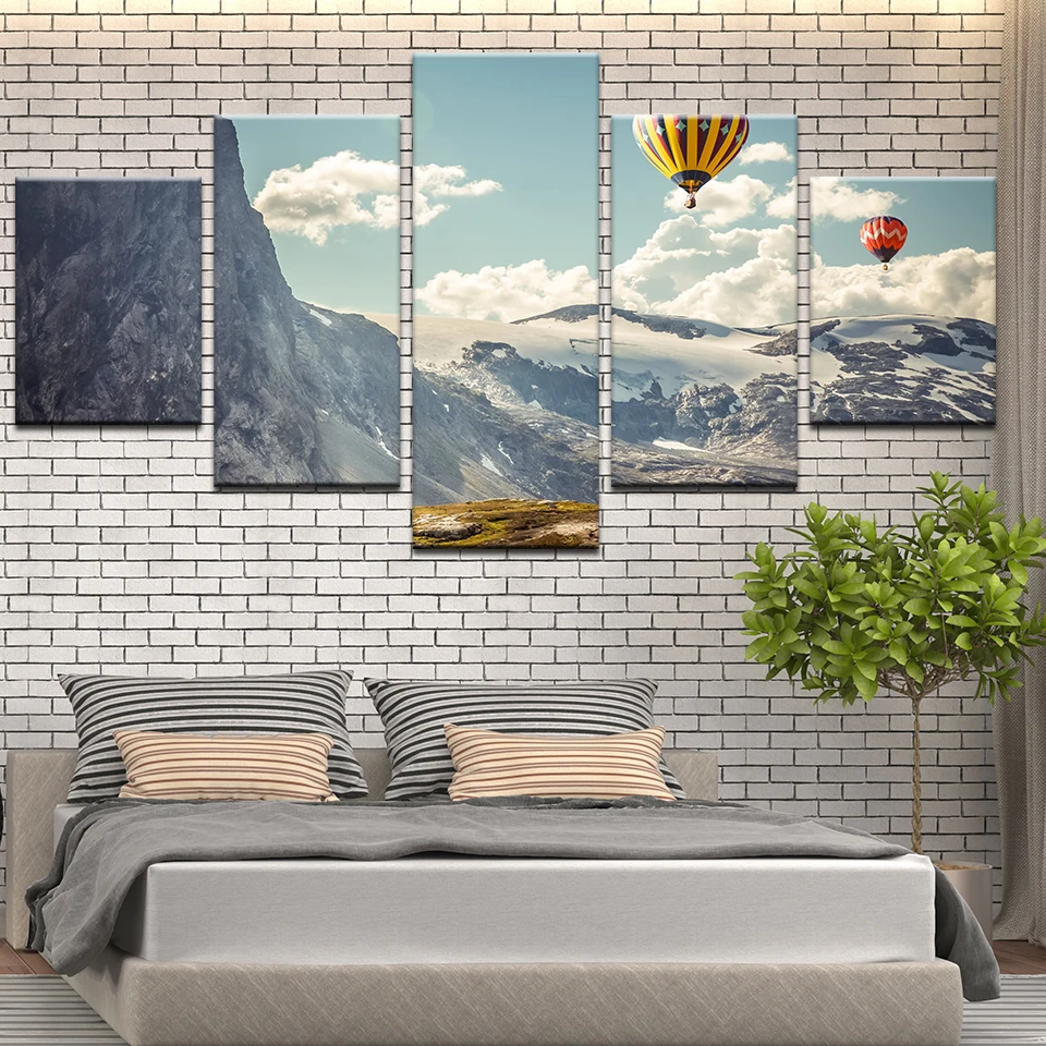 5 панелей воздушные шары Горячие Снежный Горный пейзаж печатная Картина на